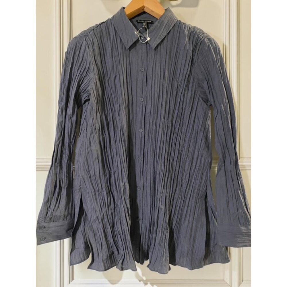 NWOT Eileen Fisher Crinkled Silk Classic Collar Shirt Deep Slate Blue XS